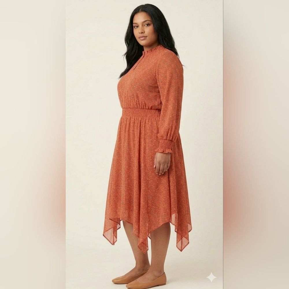 Time & Tru Orange Handkerchief Hem Long Sleeve Midi Dress Size XL (16/18) 🐈